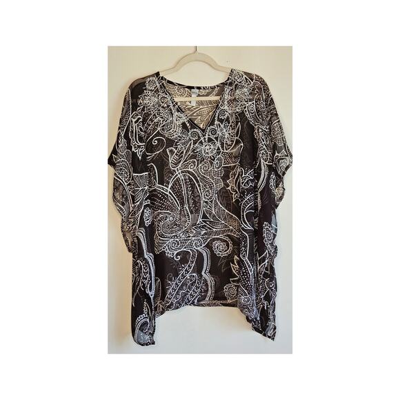 Chico's Brown Sheer & White Embroidered, Sequined Caftan Top, One Size - Picture 1 of 6